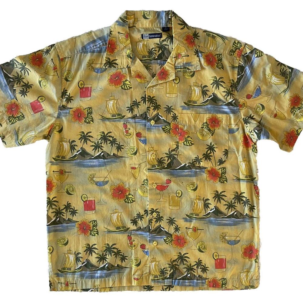 Blue Generation Hawaiian Print Men's Button-Up Shirt Yellow Size MD